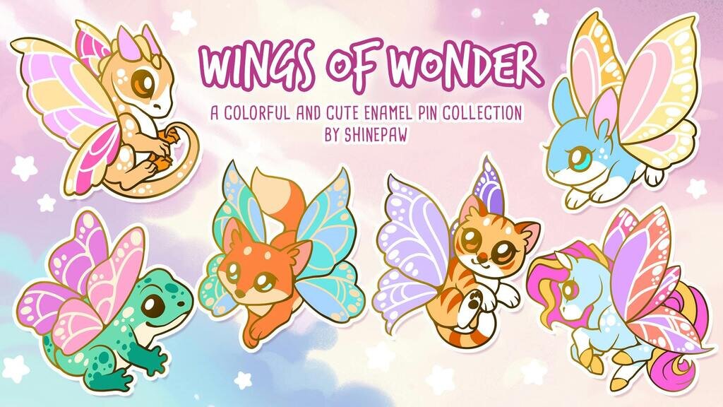 Wings of Wonder - a colorful enamel pin collection of winged fantasy critters