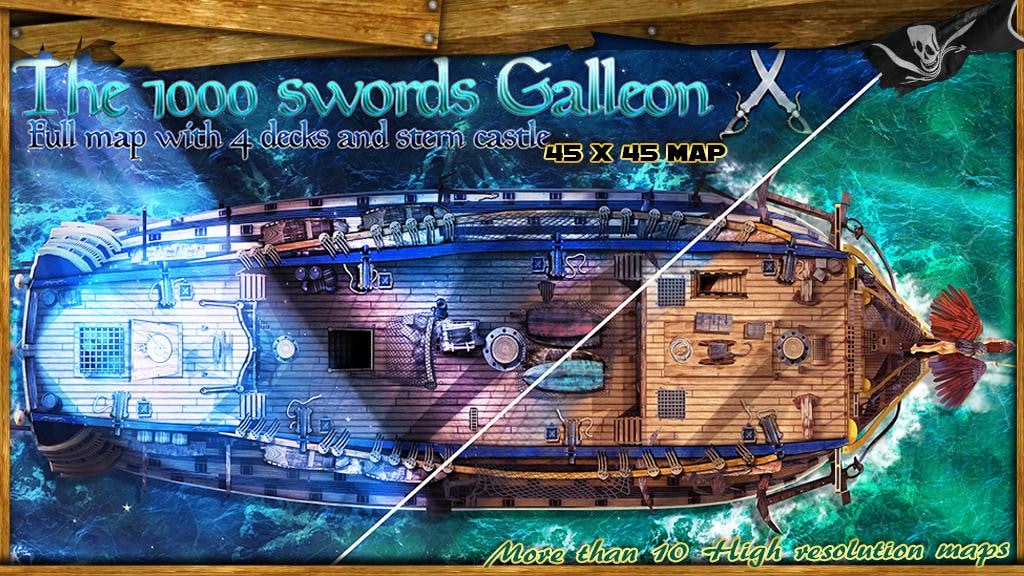 RPG Map The 1000 Swords Galleon, 4 decks + 4 Stern Castles