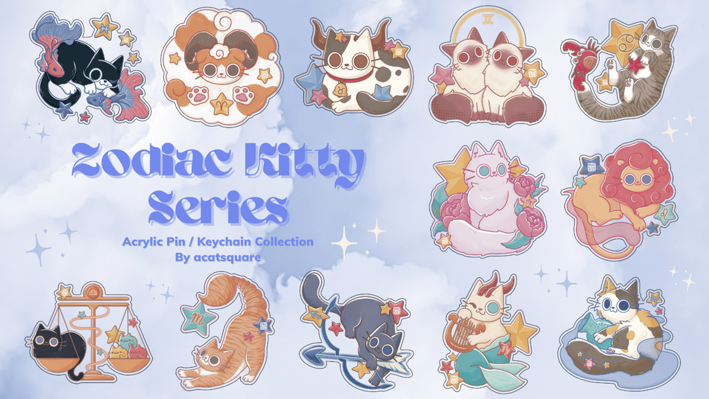 Zodiac Kitty Acrylic Pins and Keychains Collection