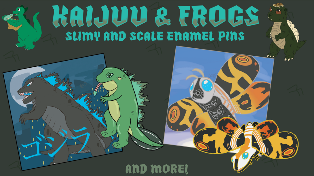 Kaijuu & Frogs - Scaly and Slimy Enamel pins