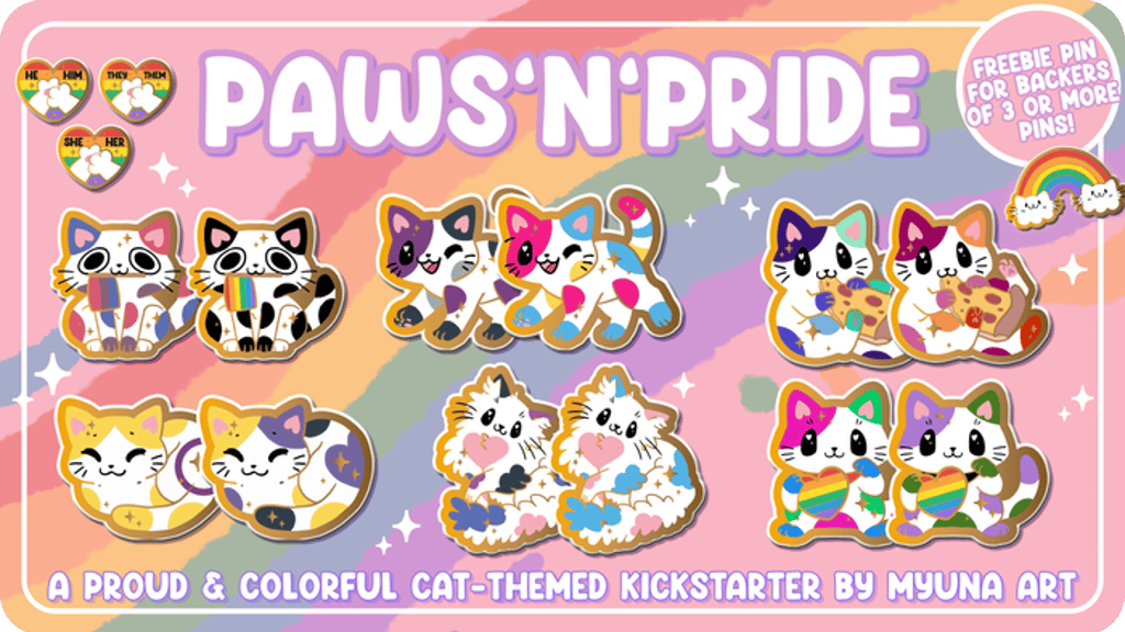Myuna's Paws'n'Pride - proud cat-themed LGBTQIA+ enamel pins