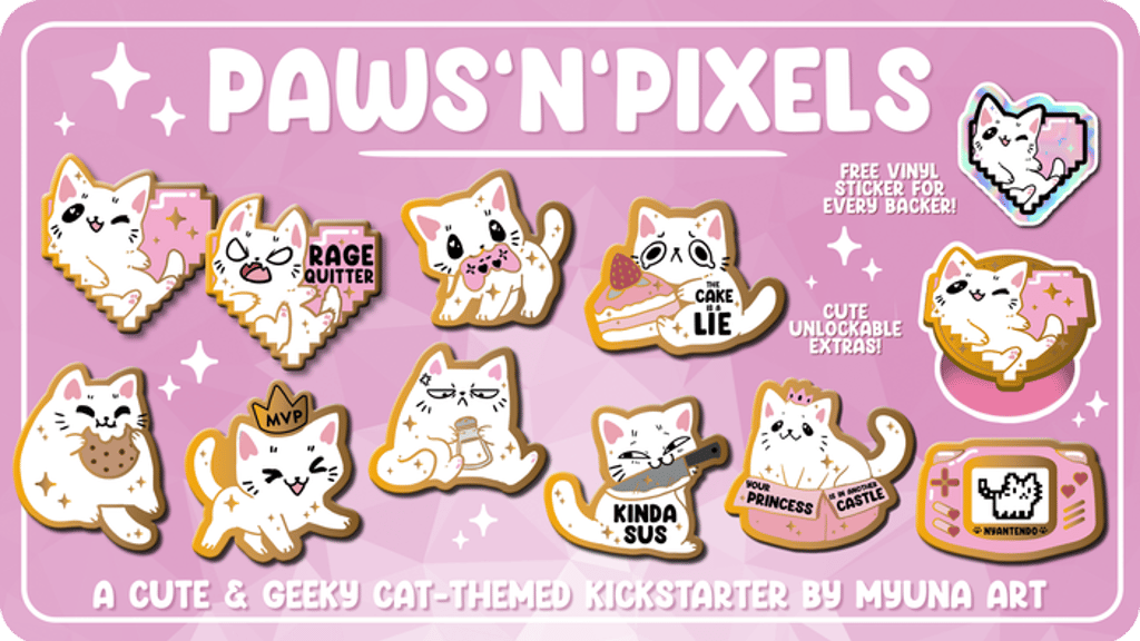 Myuna's Paws'n'Pixels - cute cat-themed enamel pin series