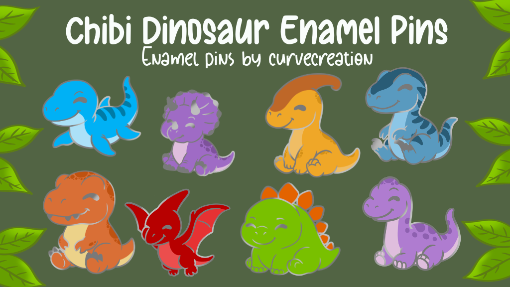 Hard Enamel Pins: Cute Chibi Dinosaurs